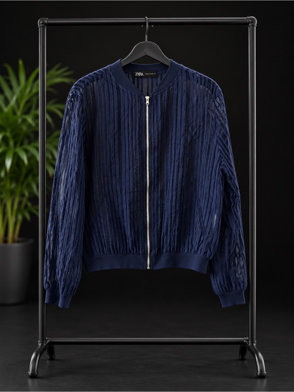 Zara Navy Sheer-Textured Bomber Jacket